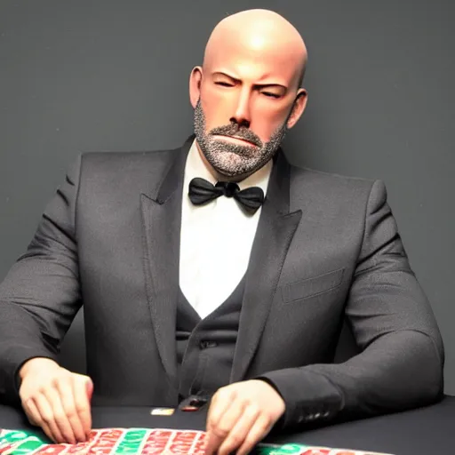 Image similar to a bald version de Ben Affleck, playing poker