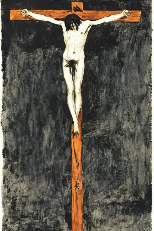 Image similar to jesus christ crucified painted by cy twombly and andy warhol