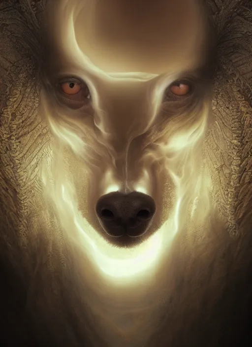 Image similar to doe chihuahua huge ominous glowing brown eyes staring into my soul, perfect eyes, soft pale golden skin, intricate stunning highly detailed, Agostino Arrivabene, Tomasz Strzalkowski, twisted bright lucid dream, 8k portrait render, swirling thick smoke , beautiful lighting, dark fantasy art, cgsociety