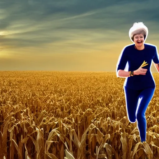 Prompt: Theresa May running in a cornfield with alien crop circles, golden hour, low sun