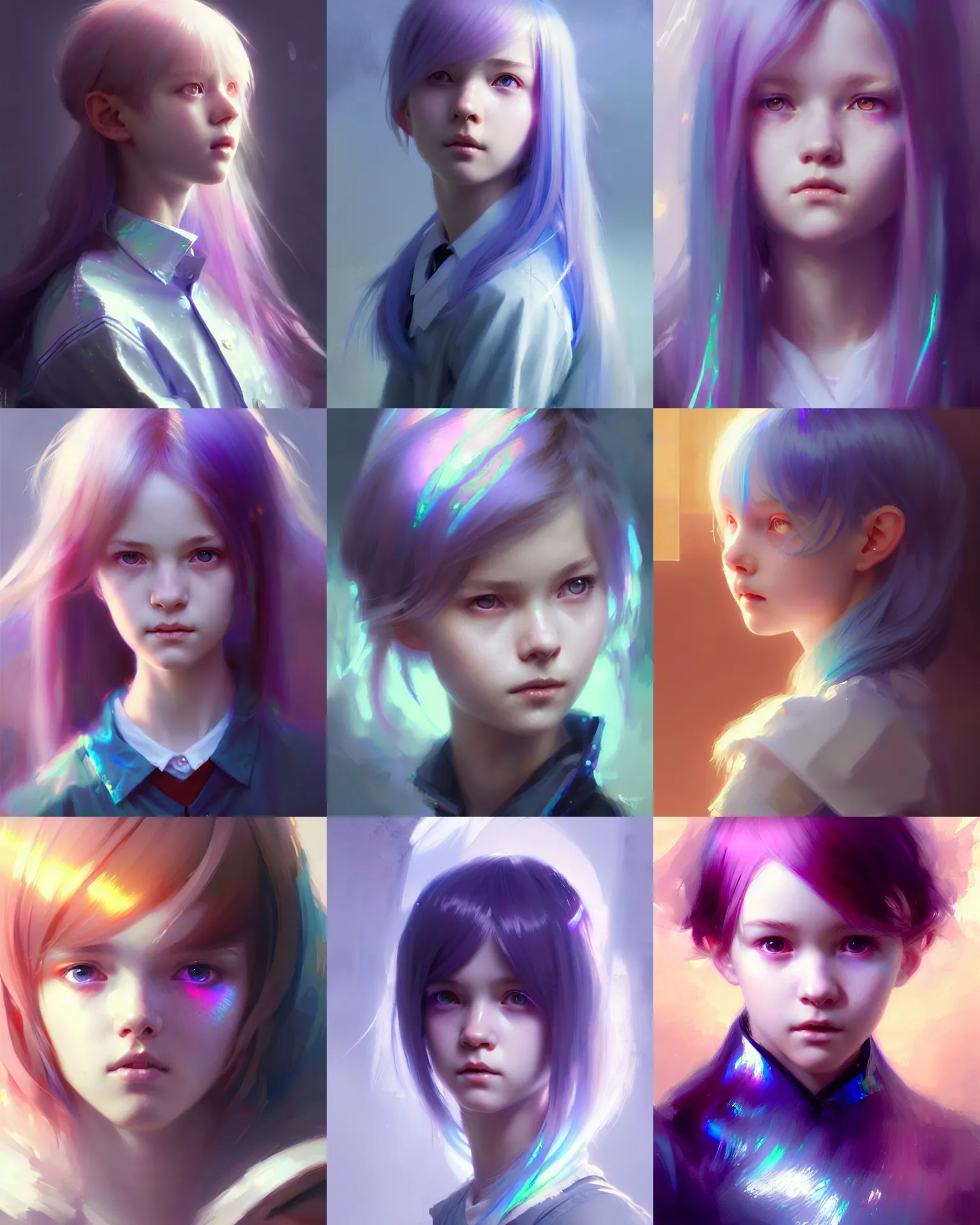 Prompt: young cute girl with glowing iridescent hair color, school uniform, portrait, intricate, sharp focus, illustration, highly detailed, digital painting, concept art, matte, art by ruan jia and wlop and greg rutkowski, masterpiece