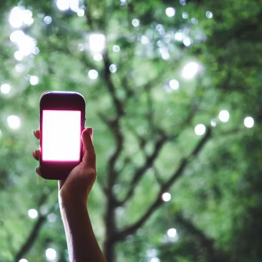 Image similar to A phone glowing and floating in a tree, 35mm photograph