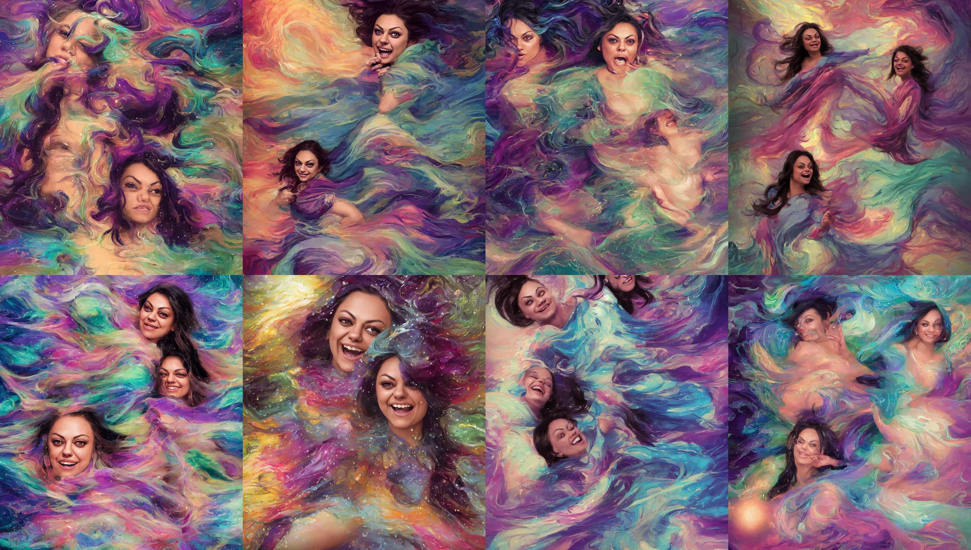 Prompt: portrait mila kunis laughing hysterically, rainy storm, intricate robes, gloomhaven, luminescent, colorful swirly magic ripples, pastel colors, by greg manchess, huang guangjian, gil elvgren, sachin teng, greg rutkowski, jesper ejsing, ilya kuvshinov, focal length : 2 0 0. 0 mm