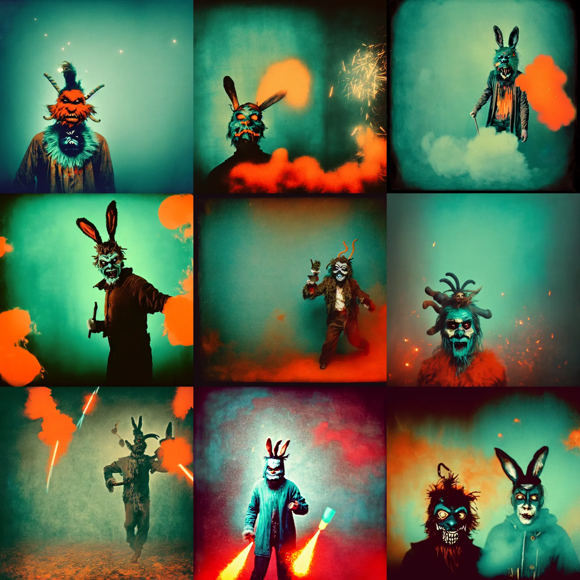 Prompt: kodak portra 4 0 0, wetplate, teal and orange colours, krampus, bunny head, the walking dead, 1 9 1 0 s style, motion blur, portrait photo of a backdrop, explosions, rockets, bombs, sparkling, fog, by georges melies and by britt marling