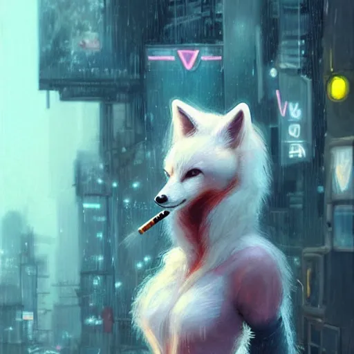 Prompt: white anthropomorphic female vulpes vulpes fulva, long snout, fluffy tail, smoking a cigarette in the rain, in crowded and wet street of a city, cyberpunk, harsh neon lights, highly detailed, digital painting, trending on artstation, concept art, illustration, art by artgerm and greg rutkowski and magali villeneuve