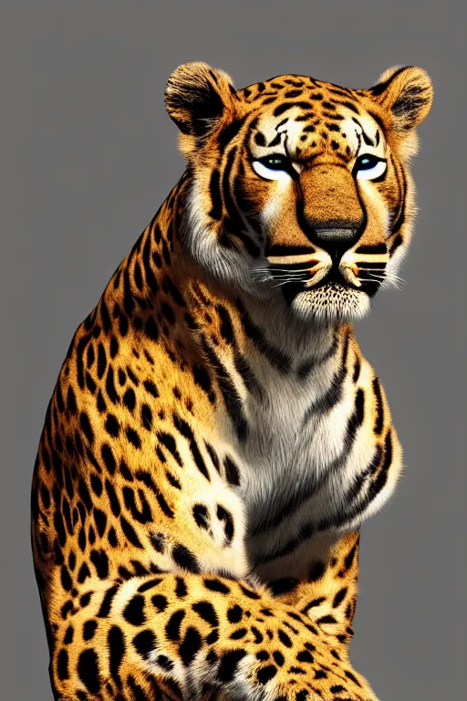 Image similar to !dream 8K UHD Redshift render, Poser, feetwave, lion_facecore, tigerpunk leopard panther, long wavy fur, bright eyes, long fangs, medium full shot, animal photography