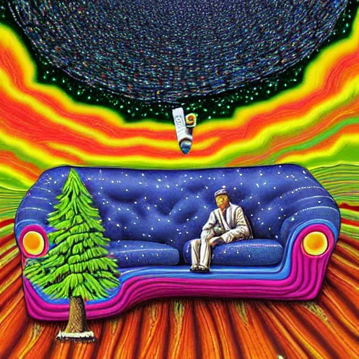 Image similar to psychedelic trippy couch pine forest planets milky way sofa cartoon by rob gonsalves