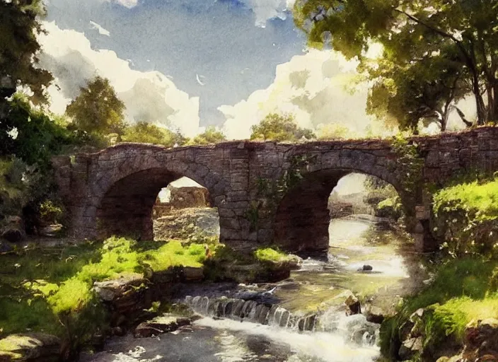 Image similar to watercolor of rustic stone bridge with mural, ivy, summer daylight, bright clear day, clouds, high detailed art by dennis miller bunker, work by anders zorn, wonderful masterpiece by greg rutkowski, beautiful cinematic light, american romanticism by greg manchess, creation by tyler edlin