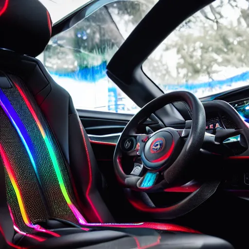 Prompt: photo of a rgb gaming car interior