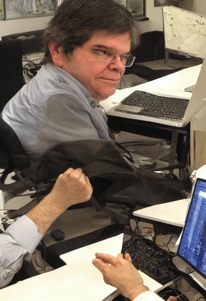 Prompt: Yann LeCun at his computer on a tarot card, illustrated on the Rider–Waite tarot.