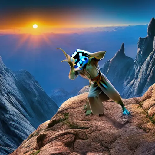 Image similar to full body composition of yoda practicing yoga on the top of a mountain during sunrise, movie still, 4k