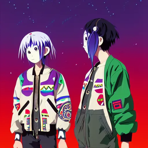 Image similar to majora majora's mask wearing oversized mayan bomber jacket with overalls, bulky poofy bomber jacket with mayan patterns, aztec street fashion, genshin impact art style, gapmoe yandere grimdark, trending on pixiv fanbox, painted by greg rutkowski makoto shinkai takashi takeuchi studio ghibli, akihiko yoshida