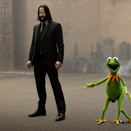 Image similar to Kermit the Frog as John Wick in a still from the film John Wick (2014)