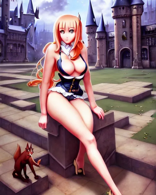 Prompt: pinup photo of cute caracal in the crowded square of hogwarts, asuna by a - 1 pictures, by by peter mohrbacher, gil elvgren, enoch bolles, glossy skin, pearlescent, anime, very coherent, sao style anime, flat