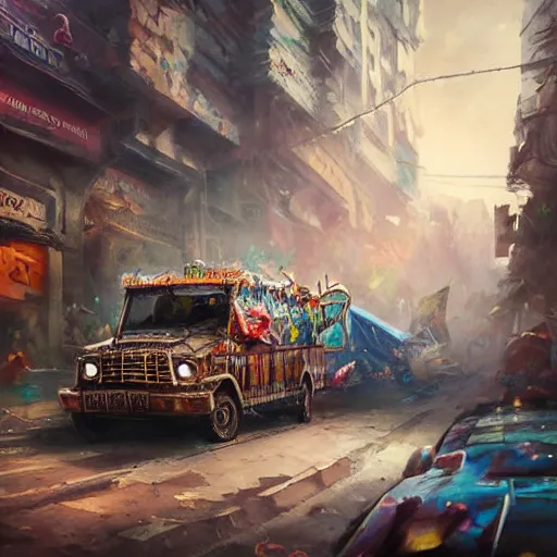 Prompt: an expressive painting of a filipino jeepney driving in the crowded dirty streets of the Philippines , hearthstone coloring style, artwork by greg rutkowski, epic fantasy style art, highly detailed, 8k resolution, hyperrealistic, Maya render