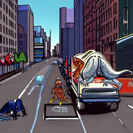 Image similar to animated tyrannosaurus skateboarding on a truck through new York City, cartoon, 1993, by amblimation, by universal pictures