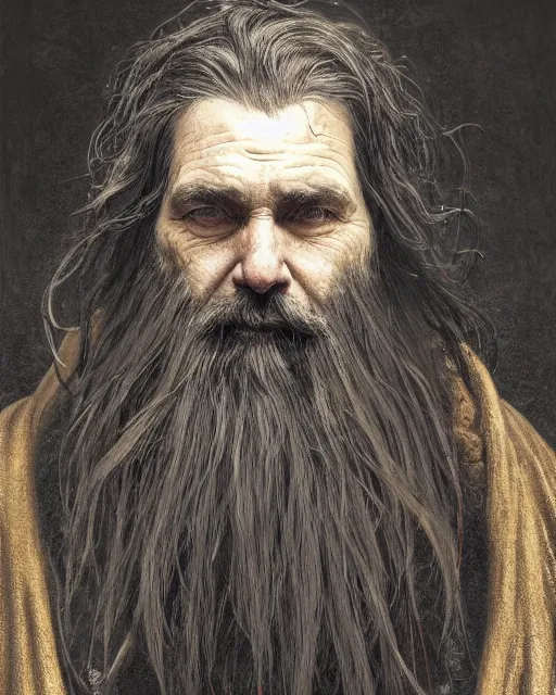 Image similar to portrait of a 6 0 - year - old giant man with long tangles of bushy black hair and beard hiding most of his face, kind eyes, wearing in black cloak, hyper realistic face, beautiful eyes, fantasy art, in the style of greg rutkowski, intricate, alphonse mucha, hyper detailed, smooth