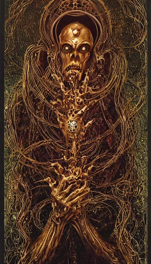 Prompt: Elden Ring, byzantine orthodox unholy saint icon undead biomechanical portrait themed tarot card, the dark post-apocalyptic hellscape torment intricate golden artwork by Artgerm, Johnatan Wayshak, Zdizslaw Beksinski, Darius Zawadzki, H.R. Giger, Takato Yamamoto, masterpiece, very coherent artwork, cinematic, high detail, octane render, unreal engine, 8k, High contrast, golden ratio, trending on cgsociety, ultra high quality model, production quality cinema model in the style of Midjourney, highly detailed and intricate artwork, masterpiece, majestic, ephemeral, cinematic lighting, vivid and vibrant colors, iconic movie poster character production art concept, haunting, horror, gothic fog ambience, golden fire palette, Artstation trending, unreal engine, octane render