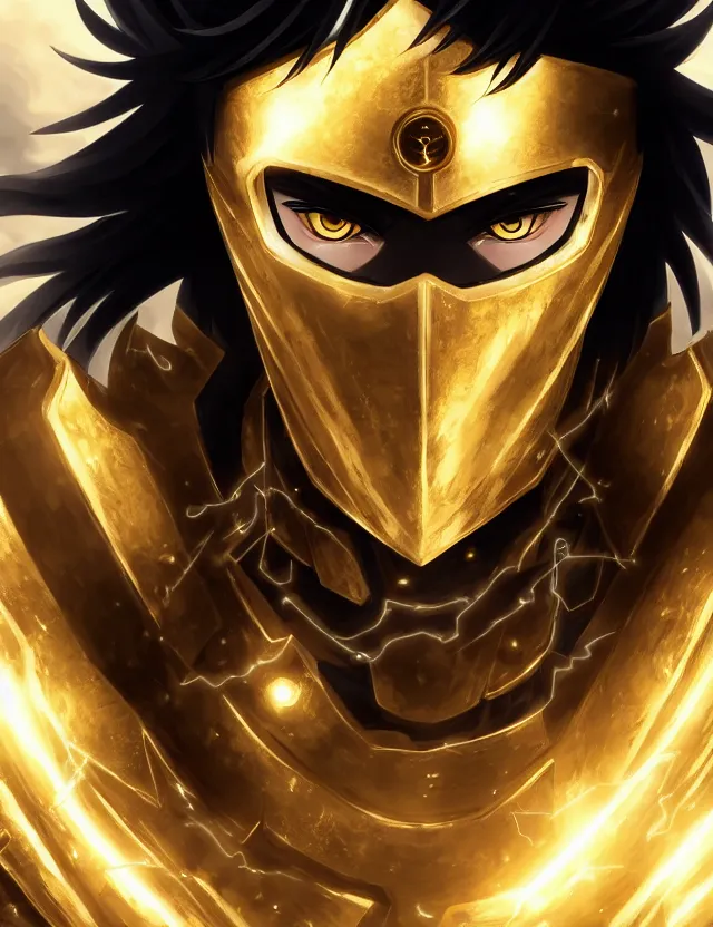 Image similar to a detailed manga portrait of a black haired man with hazel eyes in gleaming golden armour with arcane energy symbols in air around him, trending on artstation, digital art, 4 k resolution, detailed, high quality, sharp focus, hq artwork, coherent, insane detail, character portrait