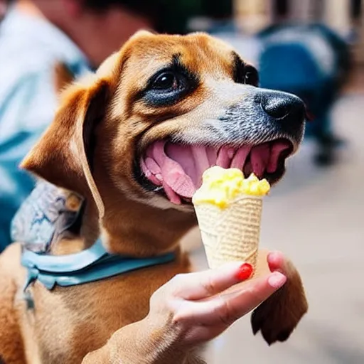 Prompt: a cute dog licking icecream