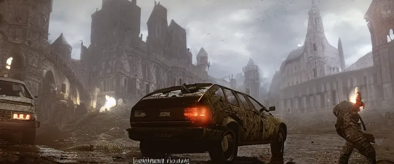 Image similar to Armored and Armed Military Audi 80 B3 Avant (1988) with a mounted M249 with soldiers on, Dark Souls 3, Eldritch Horrors, Wretched and Corrupted Knights, Heavy Battle, Fight, Car vs Knight, gunshots fired, a grim fantasy, Anor Londo, dramatic lighting, cinematic, establishing shot, extremely high detail, photorealistic, cinematic lighting, artstation, by simon stalenhag