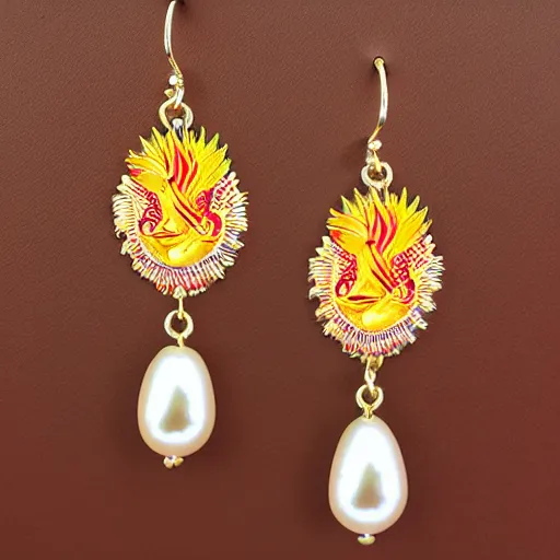 Prompt: jewelry design, pearl earrings with phoenix decoration, model show