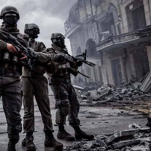 Image similar to Special Forces in grey uniform fighting in a ruined city in 2022, photo by Adam Ferguson, Pulitzer Winning, cinematic composition, breathtaking, modern, 2022