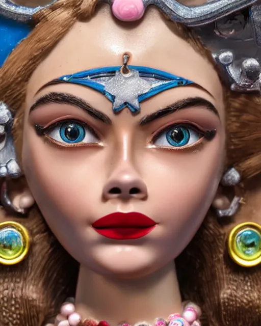 Image similar to closeup face profile portrait of a tin toy retro 1 9 5 0 s cara delevingne, bikini, depth of field, zeiss lens, fashion photoshoot by nicoletta ceccoli, mark ryden, lostfish, breathtaking, detailed and intricate environment, 8 k resolution, extremely detailed, beautiful, establishing shot, artistic, hyperrealistic, octane render