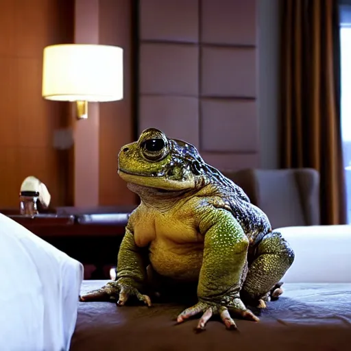 Prompt: a giant toad sitting with mike tyson in a large hotel room, movie directed by martin scorsese and christopher nolan, masterpiece, 8 h