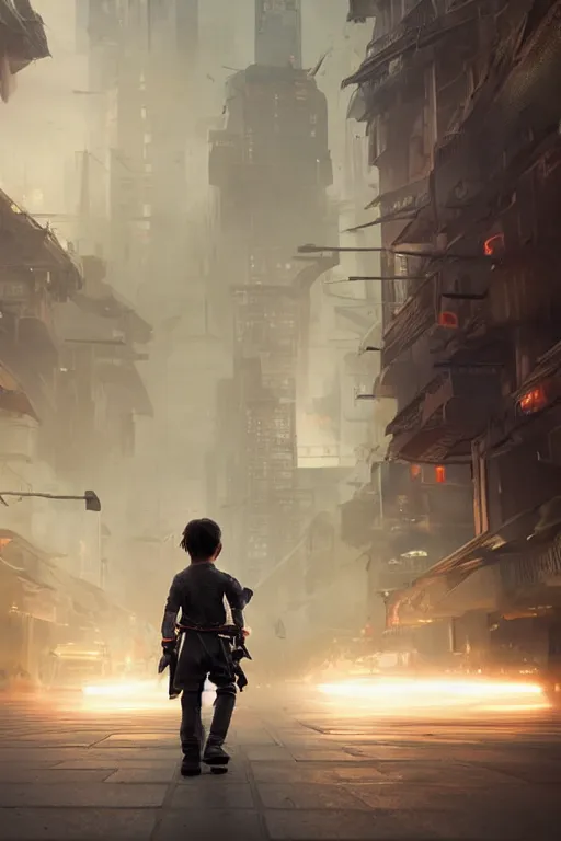 Prompt: a portrait of a small person wearing a katana in the middle foreground walking in the street of a sci-fi city by Greg Rutkowski, Sung Choi, Mitchell Mohrhauser, Maciej Kuciara, Johnson Ting, Maxim Verehin, Peter Konig, final fantasy , mythical, 8k photorealistic, cinematic lighting, HD, high details, atmospheric,