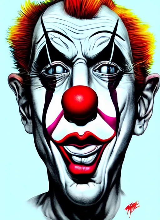 Image similar to a clown with serious expression, clown makeup. art by martin ansin, martin ansin artwork. portrait.