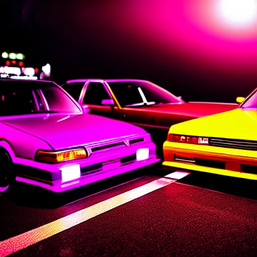 Image similar to a car Toyota Chaser twin-turbo at illegal car meet, Saitama prefecture, city sunset mist neon lights, cinematic color, photorealistic, highly detailed, 200MM