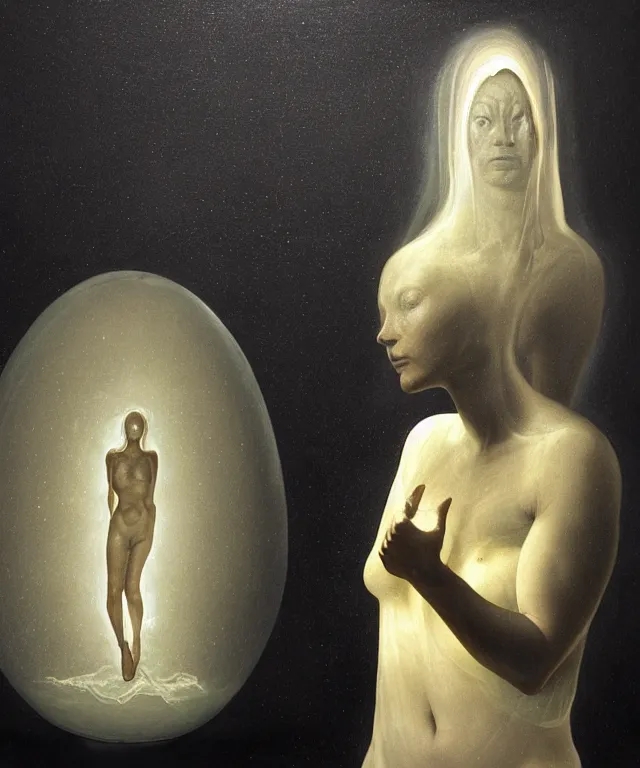 Image similar to Beautiful full-body wax sculpture of a glowing transparent woman inside egg with melted white wax in the singularity where stars becoming baroque folds of dark matter by Michelangelo da Caravaggio, Nicola Samori, William Blake, Alex Grey and Beksinski, dramatic volumetric lighting, highly detailed oil painting, 8k, masterpiece