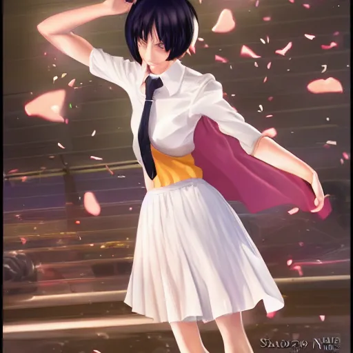 Image similar to luxury advertisement, astonishing portrait of a very beautiful anime schoolgirl with black bob hair, full perfect face, she is dancing. Realistic, highly detailed background, artstation, 120 degree view, drawn by Sasoura, Satchely and Akihiko Yoshida, no distortion