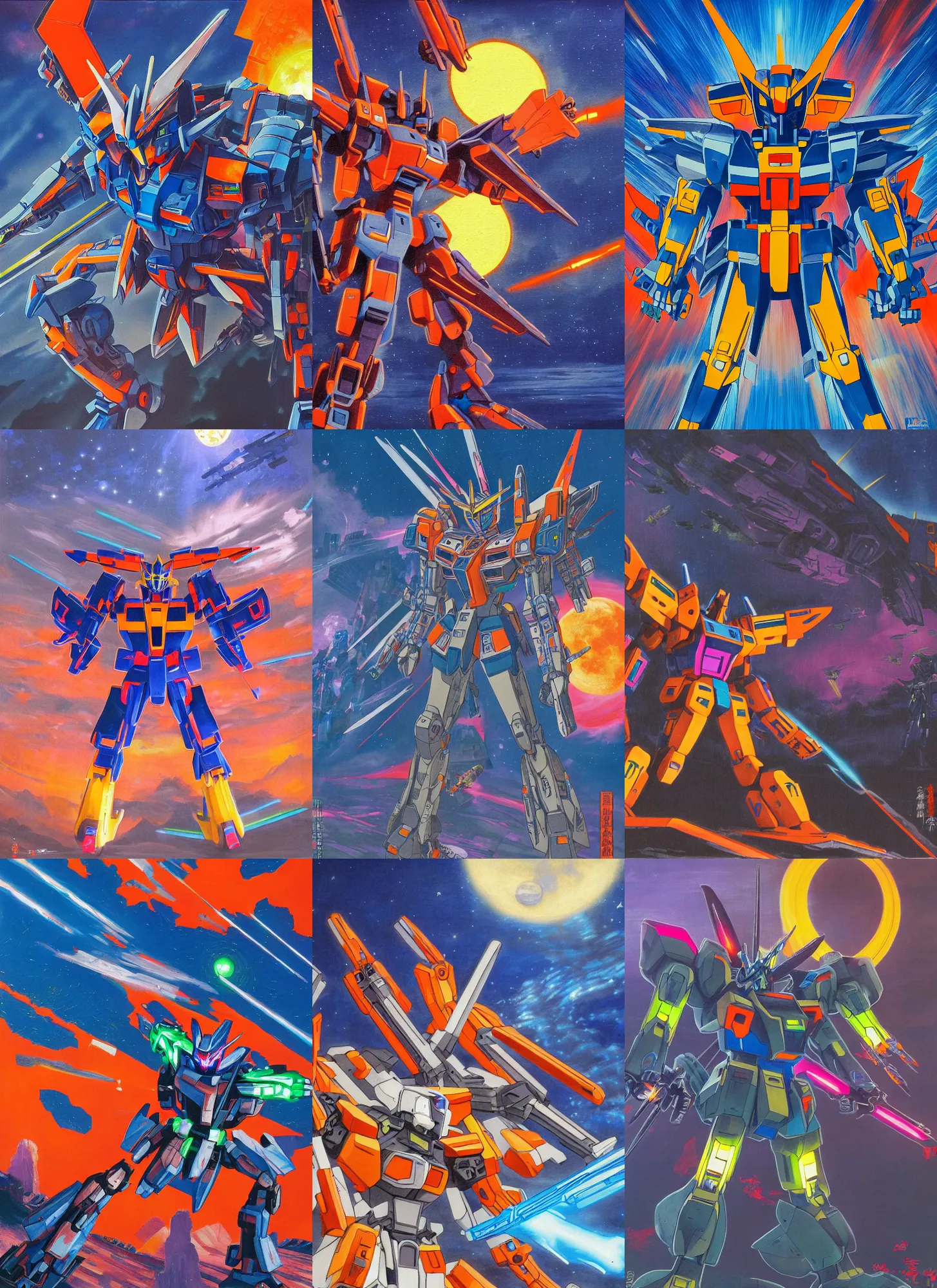 Prompt: neon gundam mecha, attacking a feudal Japanese castle, highly detailed, full moon, colours blue and orange, 8k, birds eye view, painting by karl kopinski, kim jung gius, james gurney