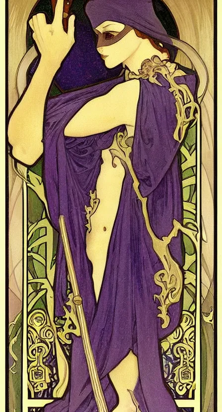 Image similar to an art deco tarot card of the grim reaper with a scythe, digital painting by tamara de lempika and an elegant border by alphonse mucha.