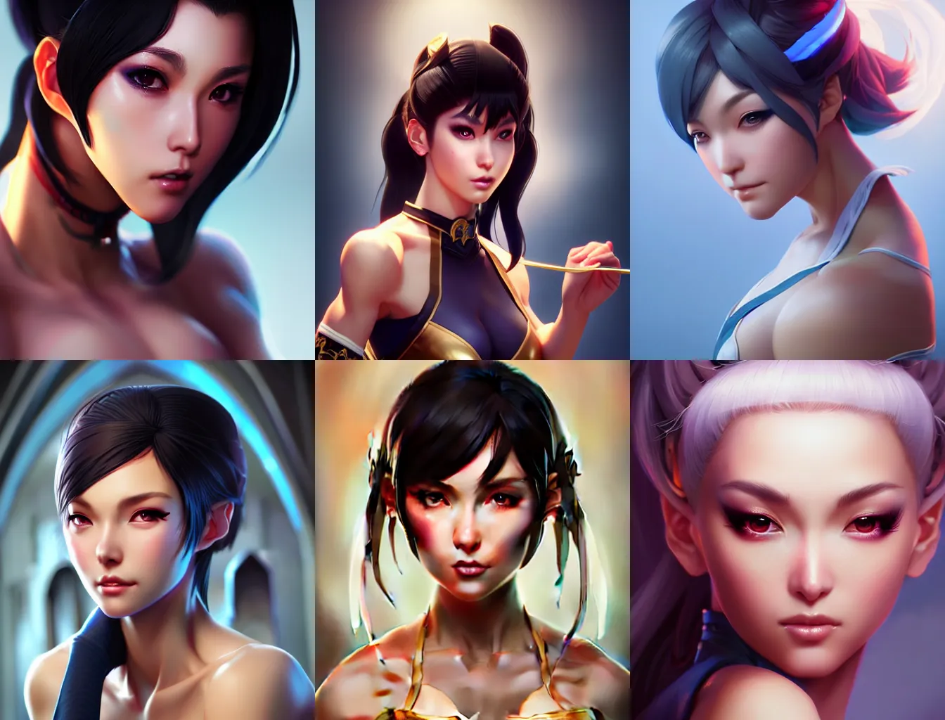 Prompt: beautiful portrait of a petite gorgeous model who looks like Chun Li , character design by charlie bowater, ross tran, artgerm, and makoto shinkai, detailed, soft lighting, rendered in octane