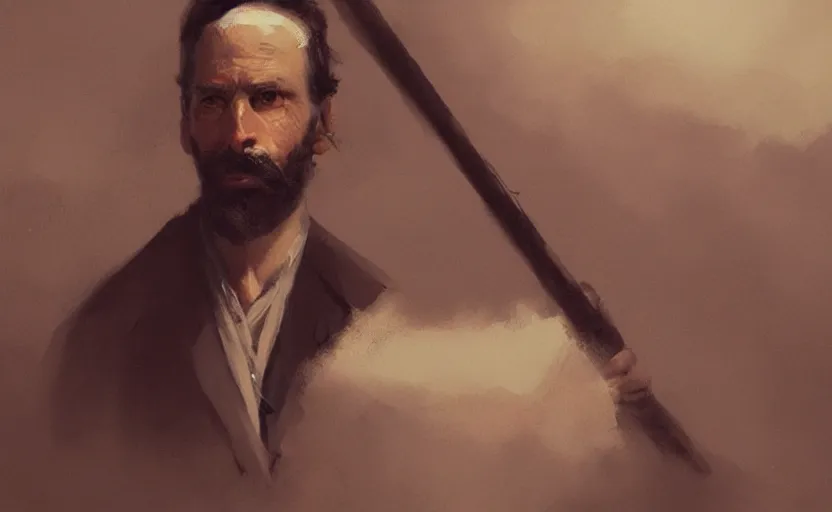 Prompt: a painting of the all father holding a cane trending on artstation in the style of greg rutkowski, beautiful, male, sensual, wise, natural skin, black beard, leader, cane, 1 8 0 0 s, industrialization, top hat