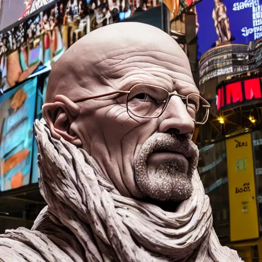 Prompt: extree long - shot photograph of a very detailed renaissance clay sculpture of walter white wearing a phrygian cap in times square, made by michelangelo, hyper detailed, sharp focus, 8 k resolution, ray tracing