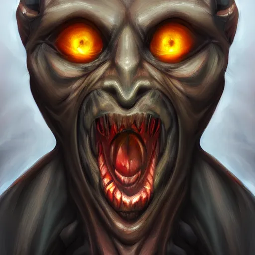 Image similar to portrait of a surprised demon, concept art, digital art, highly detailed