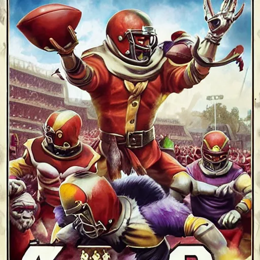 Prompt: blood bowl game poster, elves playing versus humans, intense game, nfl style, high quality, in style of tarantino