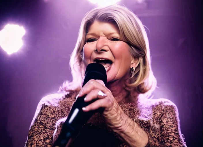 Image similar to publicity photo still of martha stewart in a death metal band playing live on stage, 8 k, live concert lighting, mid shot