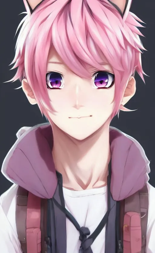 Prompt: character concept art of an cute anime boy with pink hair and wolf ears | | cute - fine - face, pretty face, key visual, realistic shaded perfect face, fine details by stanley artgerm lau, wlop, rossdraws, james jean, andrei riabovitchev, marc simonetti, and sakimichan, tranding on artstation