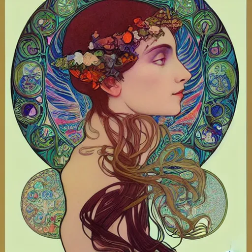 Image similar to The Goddess of Creation, beautiful eyes, symmetrical face, paint, ink, palettes, spectrum, in the style of Joshua Middleton, Mucha, Kandinsky