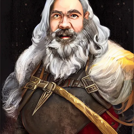 Prompt: portrait, 40 years old man :: fantasy dwarf :: thick beard, brown eyes, short pure white hair :: full plate armor, golden decoration :: high detail, digital art, RPG, concept art, illustration