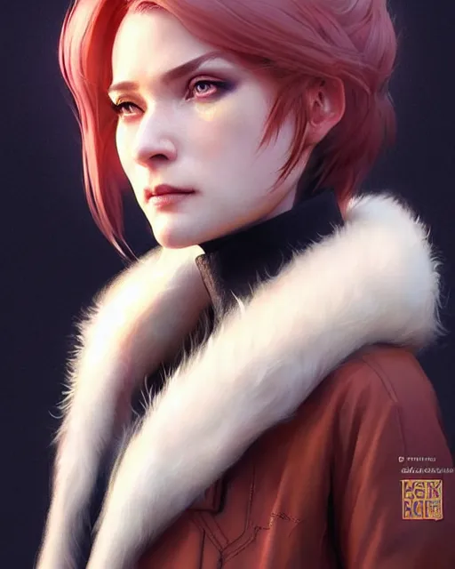 Prompt: fur - lined dragonhide jacket!!! beautiful and elegant female!! gorgeous ayes!! character concept art, sharp focus, illustration, artgerm!! greg rutkowski! wlop!! ilya kuvshinov!! marc brunet!! octane render! unreal engine 5! highly rendered!! trending on artstation!! cgi vfx!