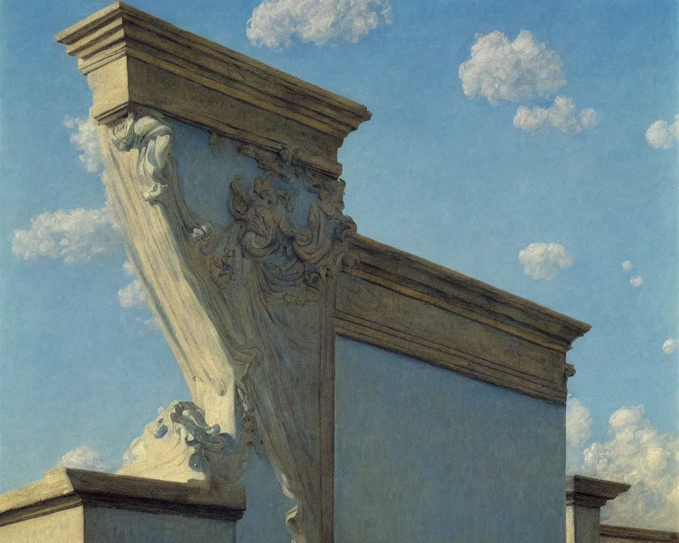 Prompt: achingly beautiful painting of a roman pediment on baby blue background by rene magritte, monet, and turner. piranesi.