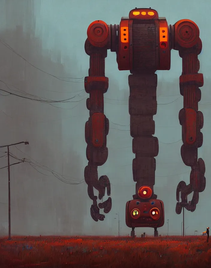 Image similar to giant rusty robot looking at a human, overcast, sci - fi digital painting by simon stalenhag