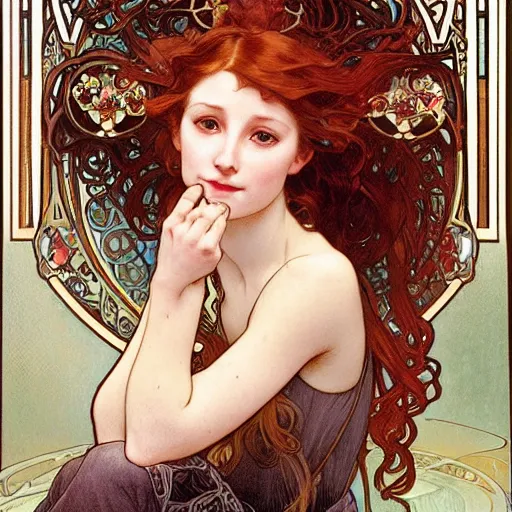 Prompt: realistic detailed face portrait of Elesky, a young redhaired woman playing the piano, by Alphonse Mucha, Ayami Kojima, Amano, Charlie Bowater, Karol Bak, Greg Hildebrandt, Jean Delville, and Mark Brooks, Art Nouveau, Neo-Gothic, gothic, rich deep moody colors The seeds for each individual image are: [2494430636, 1032106751, 2063300223, 3127318783, 2806927615, 1614572159, 3237315913]