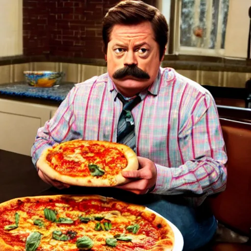 Prompt: Ron Swanson eating a vegetarian pizza